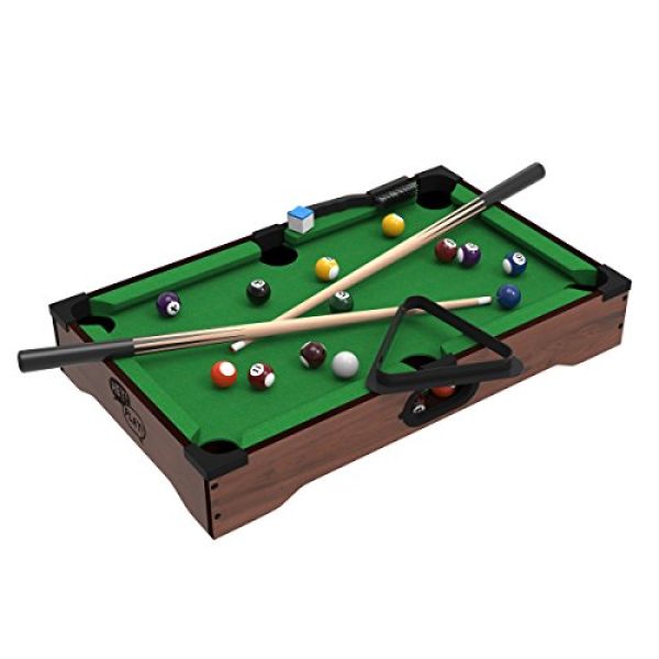 Mini Tabletop Pool Set- Billiards Game Includes Game Balls, Sticks, Chalk, Brush and Triangle-Portable and Fun for the Whole Family by Hey! Play!, green, 12.2x20.2x3.5, (15-3152)